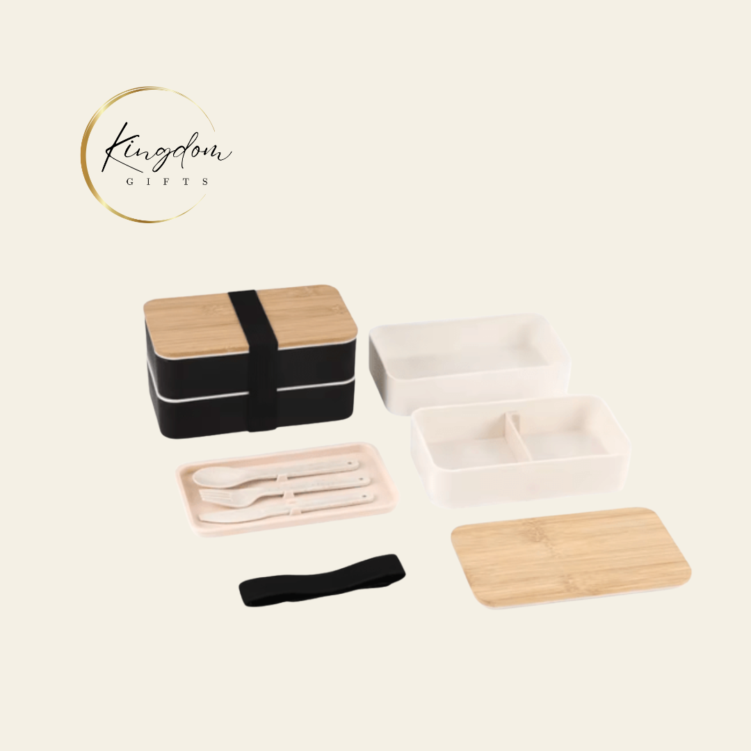 Customisable 2-Tier Lunchbox with Cutlery Set and Eco Bamboo Lid — sustainable lunch container gift set for corporate clients in Singapore