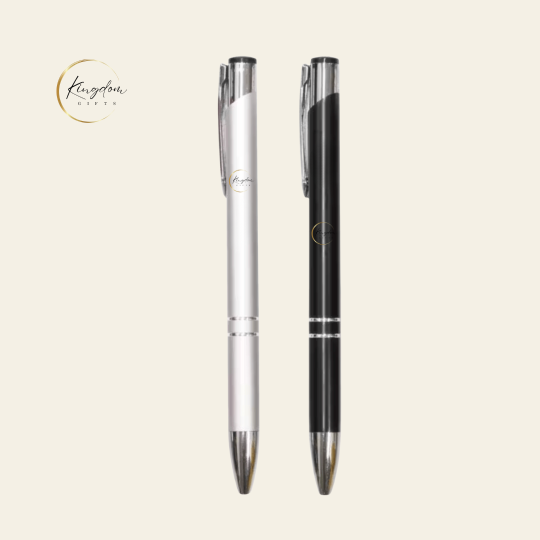 Close-up of customised black and silver neon metal pens with Kingdom Gifts logo, used for sleek and practical business giveaways.