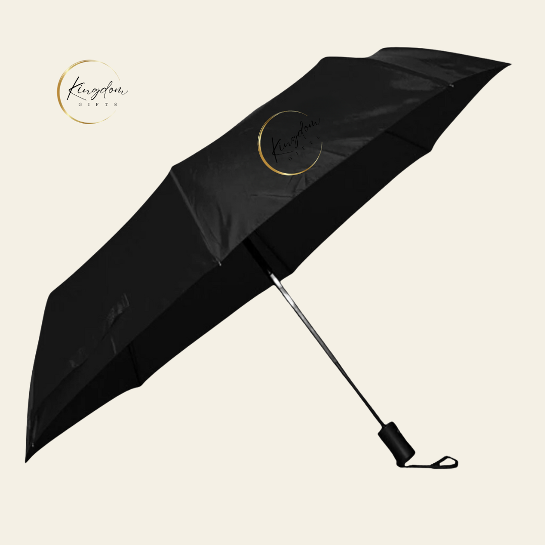 Fully opened black 21.5” foldable umbrella with sleek canopy and matte handle, perfect for logo printing and employee gift packs.