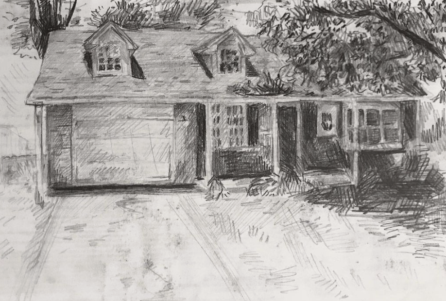 A pencil sketch of a house with a garage, a front porch, and a tree on the right side, with a driveway leading up to the garage.