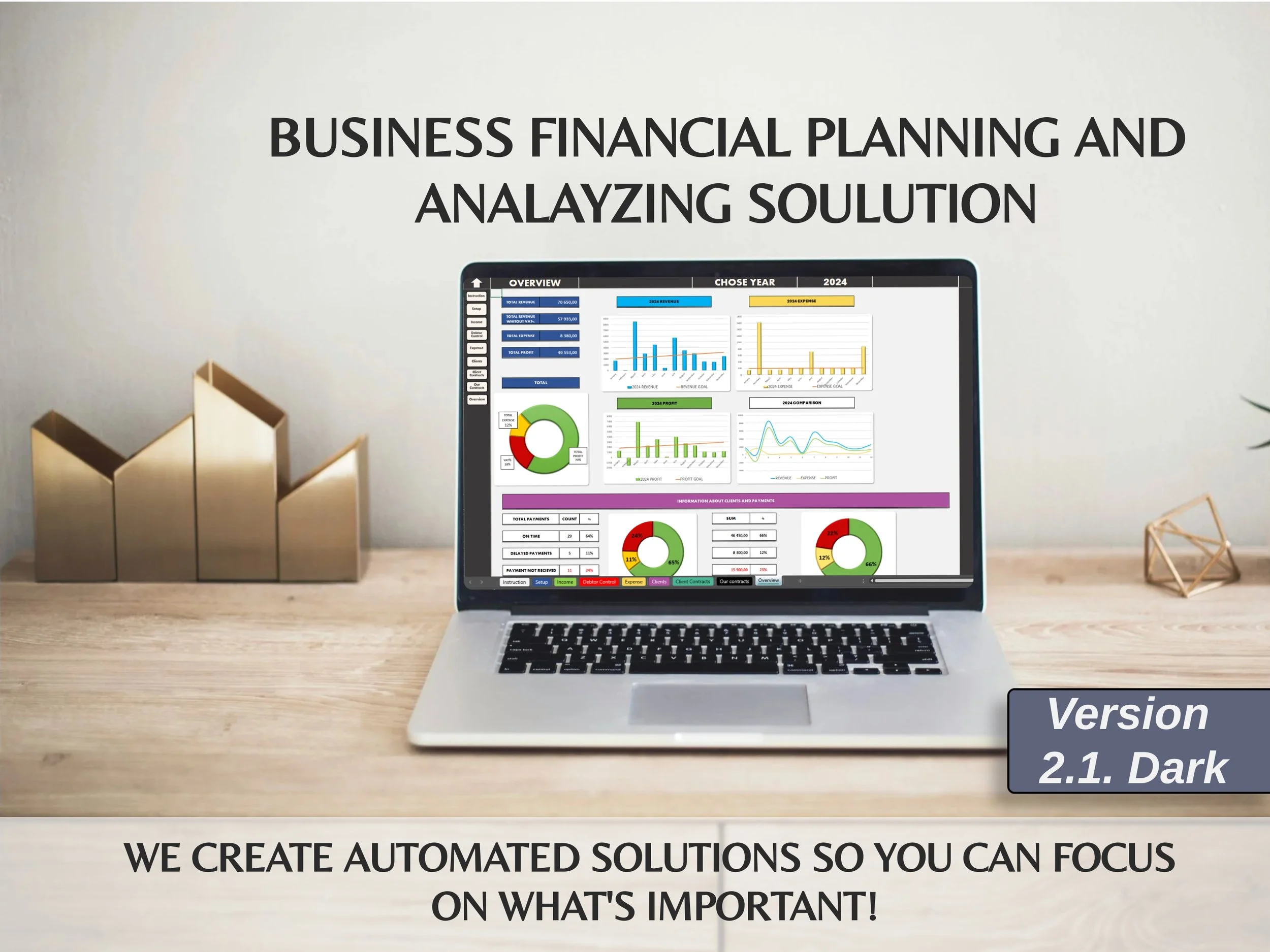 Business Bookkeeping Excel Template for Monthly and Annual Business Data Tracking and Analysis With Automation, Data Compilation, Graphs. V2.1. Dark Theme