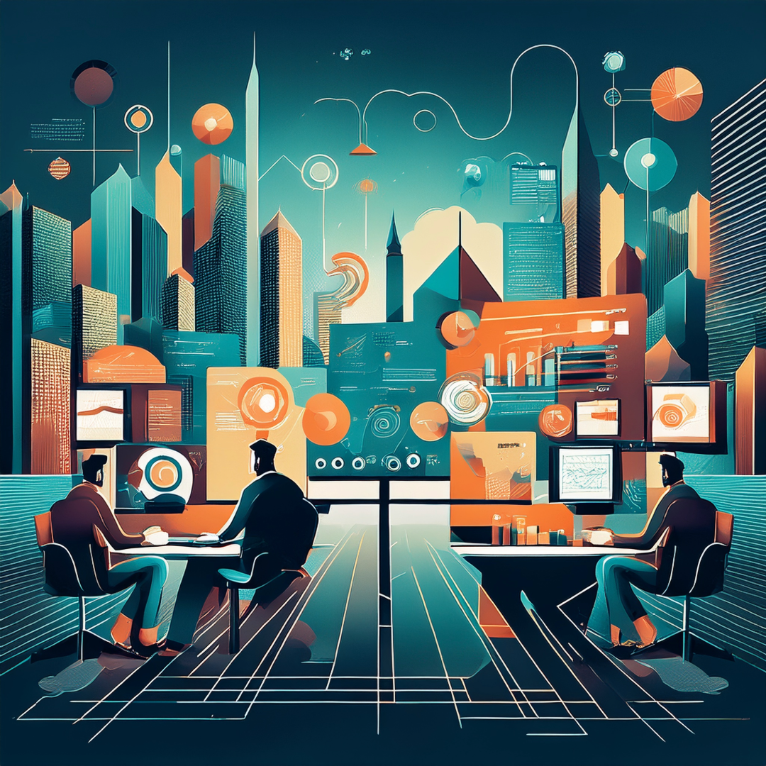 Futuristic cityscape with tall skyscrapers and digital screens, featuring three business professionals in a high-tech conference room analyzing data and graphs.