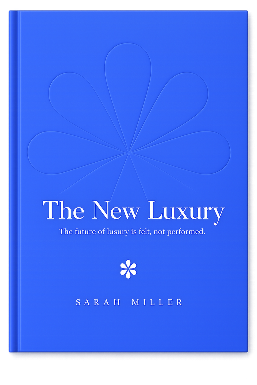 Blue hardcover book titled 'The New Luxury' by Sarah Miller, with a flower-like graphic on the cover and the subtitle 'The future of luxury is felt, not performed.'