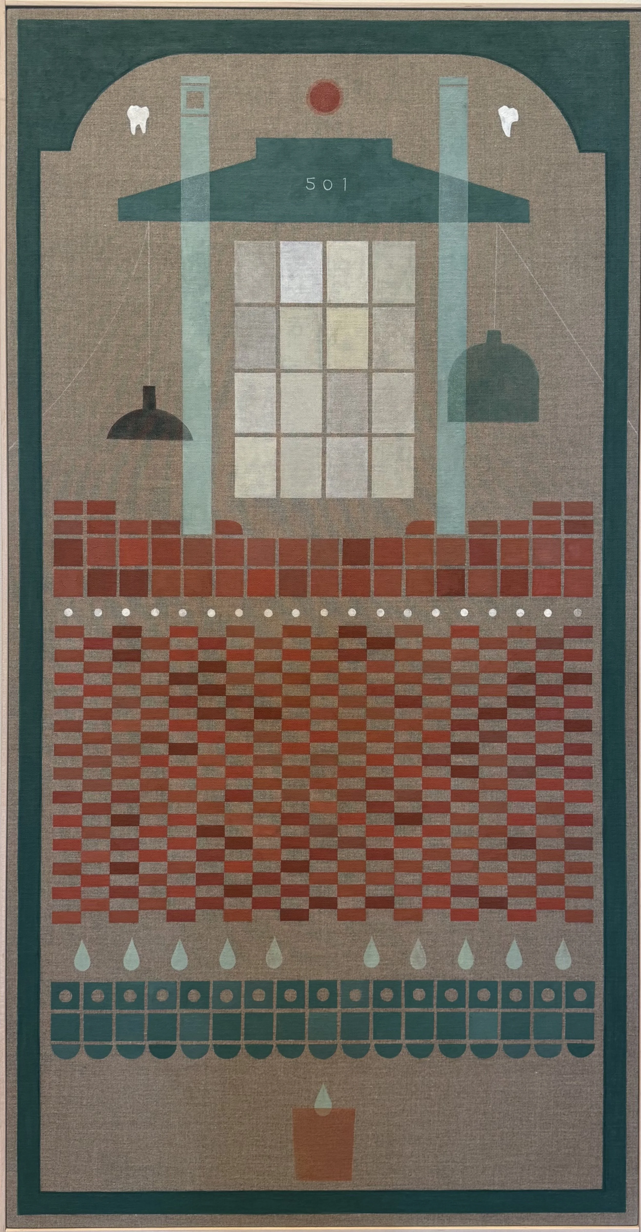 Carla Weeks - "Fire Alarm," 2025, oil and chalk on linen framed in maple, 27.5 x 52.5 in.