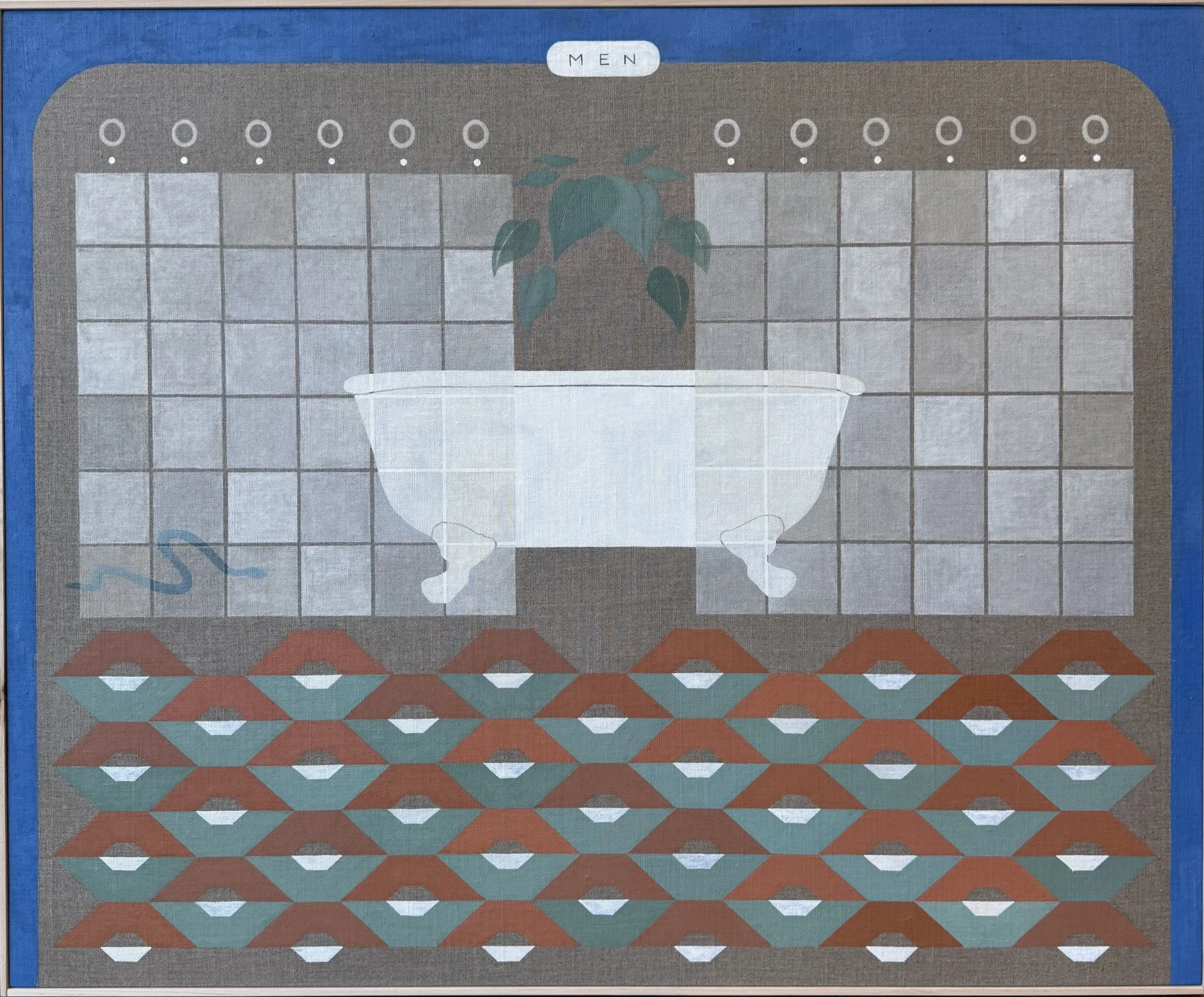 Carla Weeks - "Men," 2025, oil on linen framed in maple, 31.5 x 38.5 in.