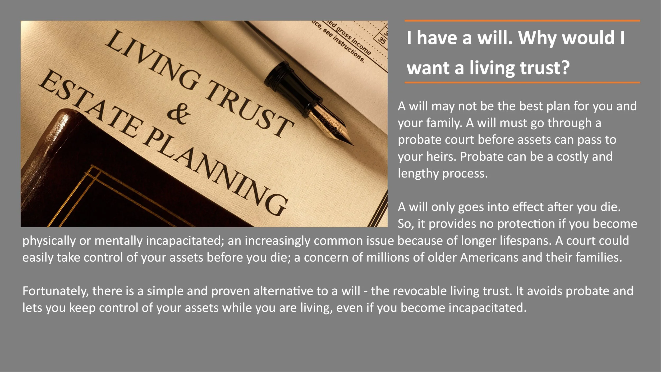 A booklet titled 'Living Trust & Estate Planning' with a pen resting on top of it. The booklet is on a surface with some text visible in the background.