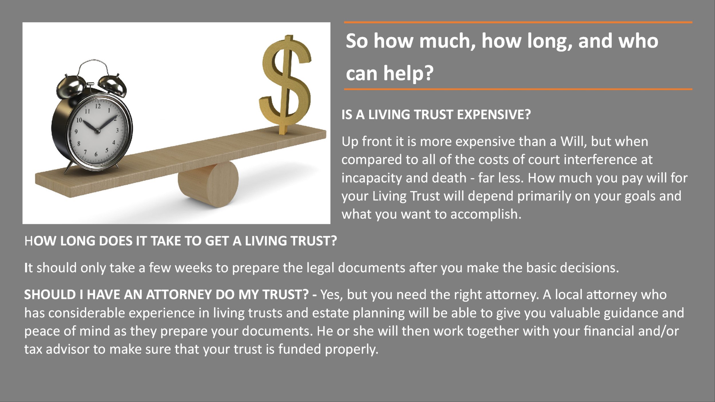 An infographic explaining the costs and process of setting up a living trust. It features a balance scale with a black alarm clock on the left side and a golden dollar sign on the right. The text discusses expenses, timeline, and the importance of an