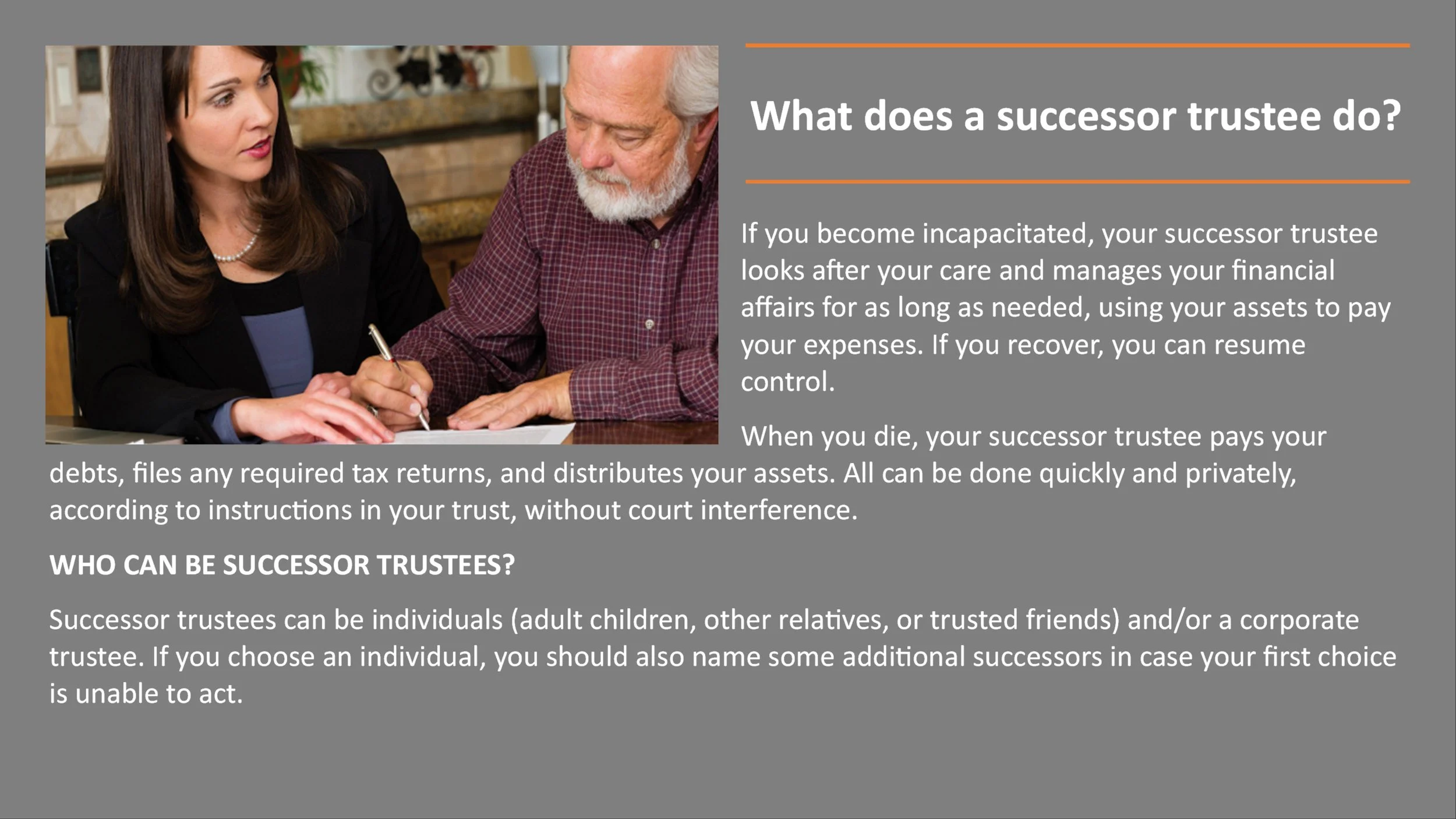 A woman and an elderly man sitting at a table, engaged in a discussion. The woman is holding a pen and appears to be explaining something to the man, who is writing or signing a document. The background shows a kitchen setting with a granite countert