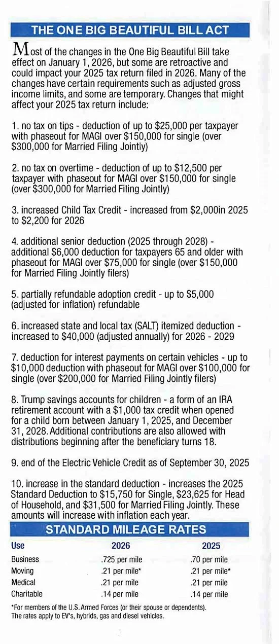 An informational sheet titled "The One Big Beautiful Bill Act" explaining tax changes effective January 1, 2026, with details about tax deductions, credits, and mileage rates for 2025 and 2026, including a section on standard mileage rates for variou