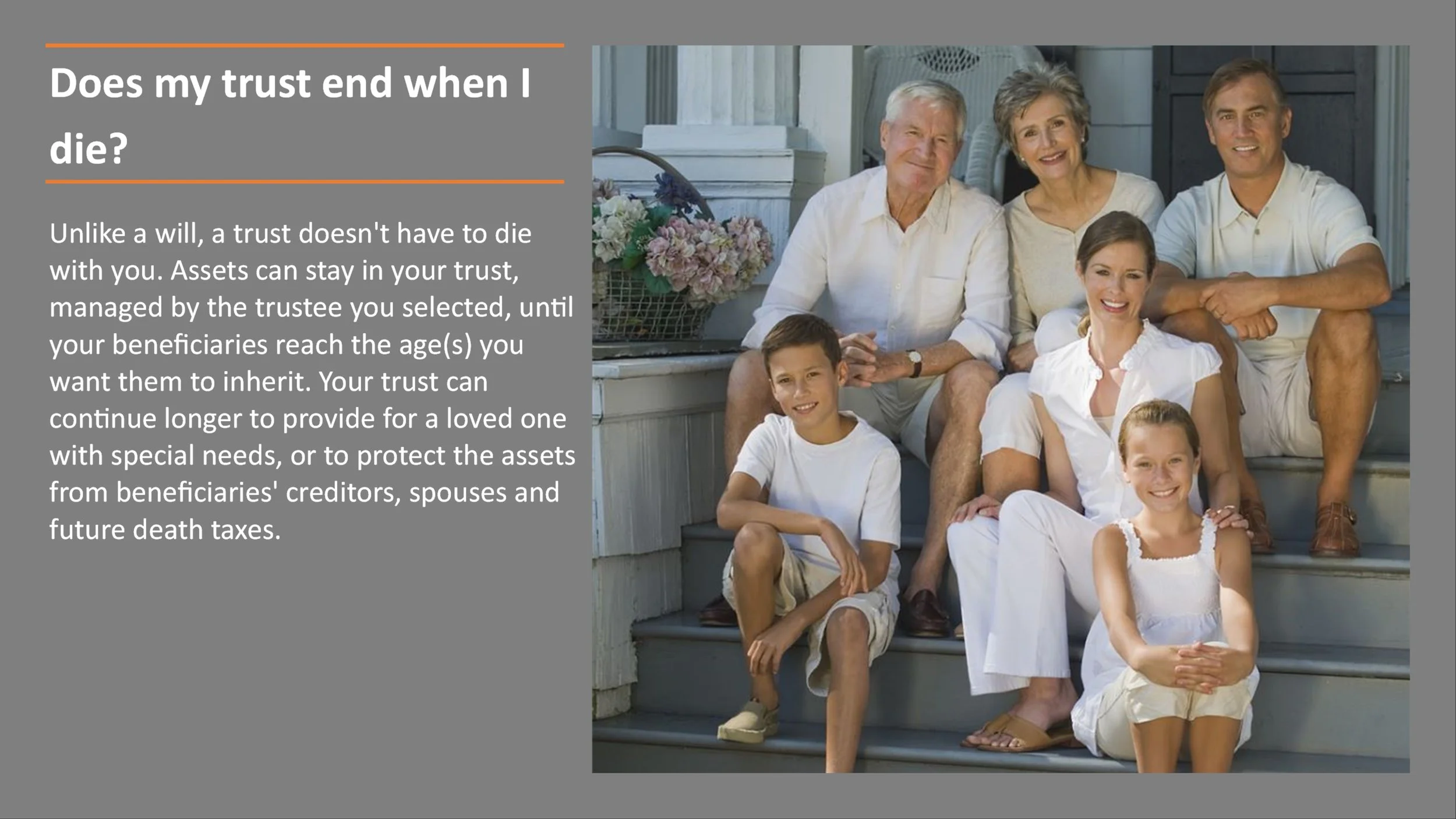 A multigenerational family sitting on the steps of a porch, smiling and posing for a photo. The group includes an older man and woman, a middle-aged woman, a young man, and two children.