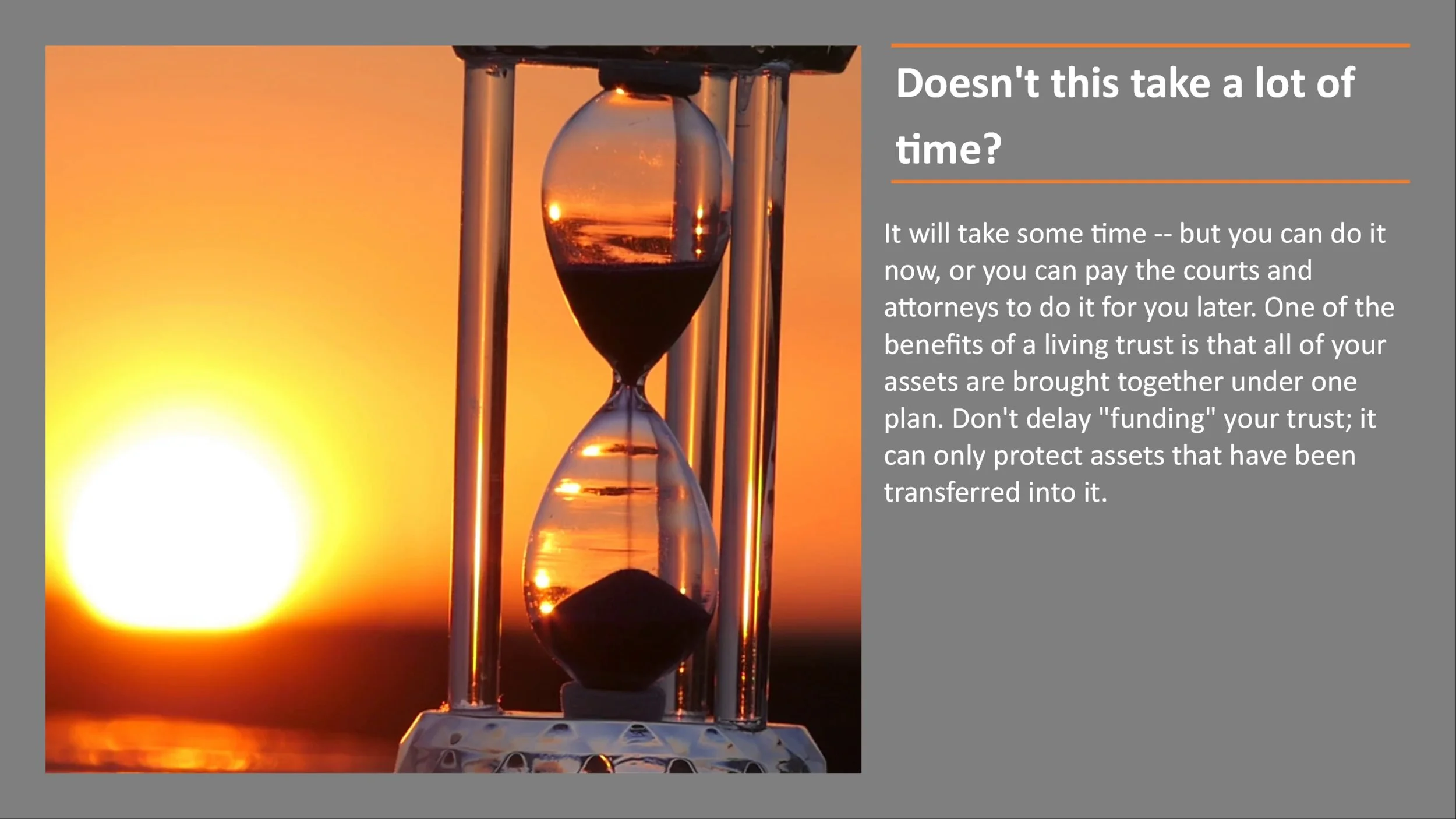 An hourglass with black sand is positioned in front of a sunset with orange and yellow hues. The sunset's reflection is visible through the glass of the hourglass.