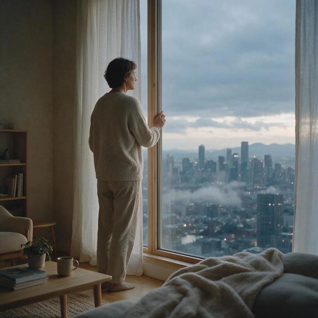 Person standing at a window looking out over a city at dawn, reflecting.