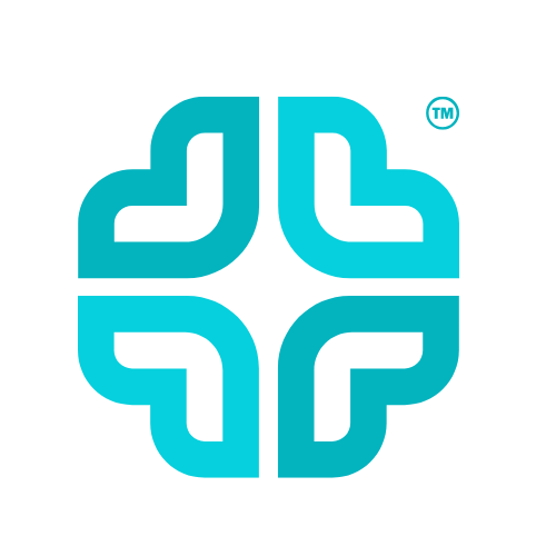 A stylized blue logo with four connecting shapes forming a cross, on a black background.