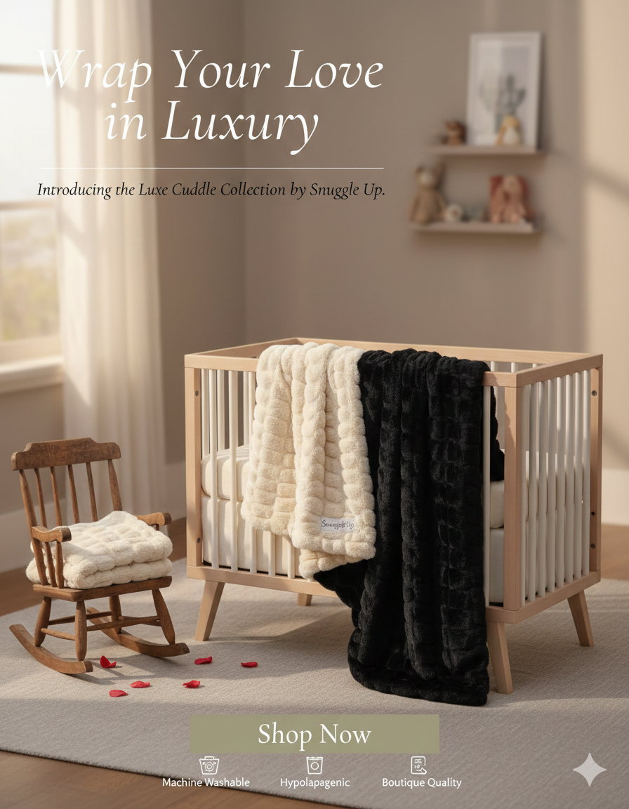 Two luxurious plush blankets, one cream-colored and one black, hang over the railing of a wooden crib. A small wooden rocking chair with a matching cream blanket on it is next to the crib, with red heart-shaped objects scattered on the floor. The room is softly lit with sunlight, and there are shelves with toys and decorations on the wall.