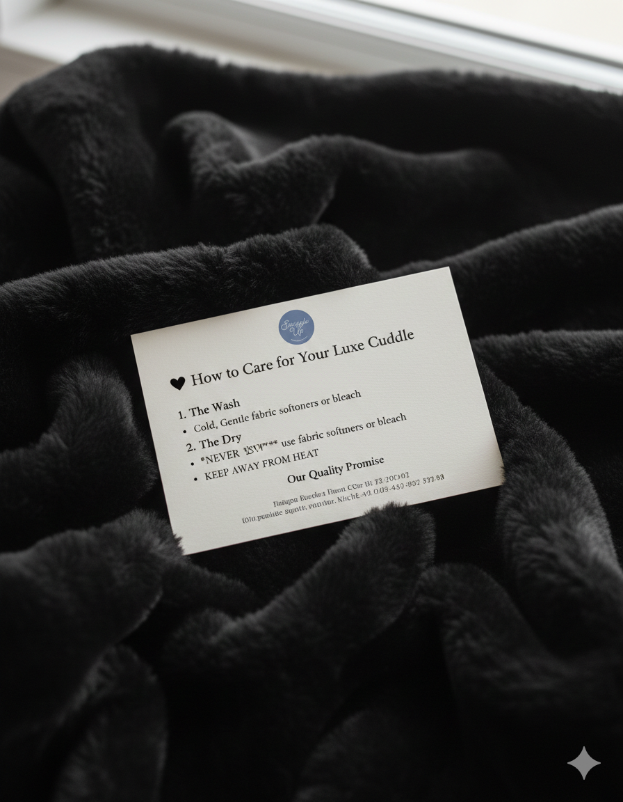 A care instruction card titled 'How to Care for Your Luxe Cuddle' placed on a soft, black fabric, possibly a plush blanket or garment, with kitchen or window blinds in the background.