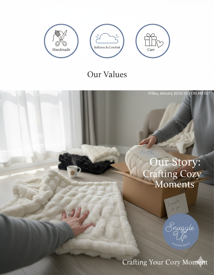 Photo of people packing cozy blankets into a box with the label "Especially for u!" during a craft event called "Snuggle Up". The room is well-lit with natural light, and finished blankets are visible on the table.