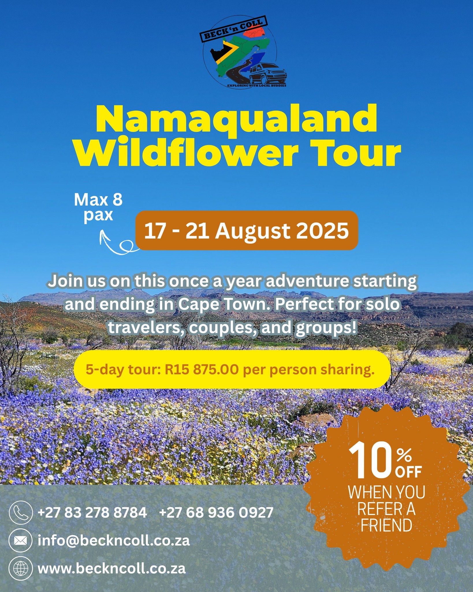 Discover South Africa’s Most Spectacular Natural Wonder – Namaqualand in Bloom ๐ผ
๐
17-21 August 2025 | ๐ Tour starts & ends in Cape Town
For a few fleeting weeks each year, the arid landscapes of Namaqualand transform into a vib