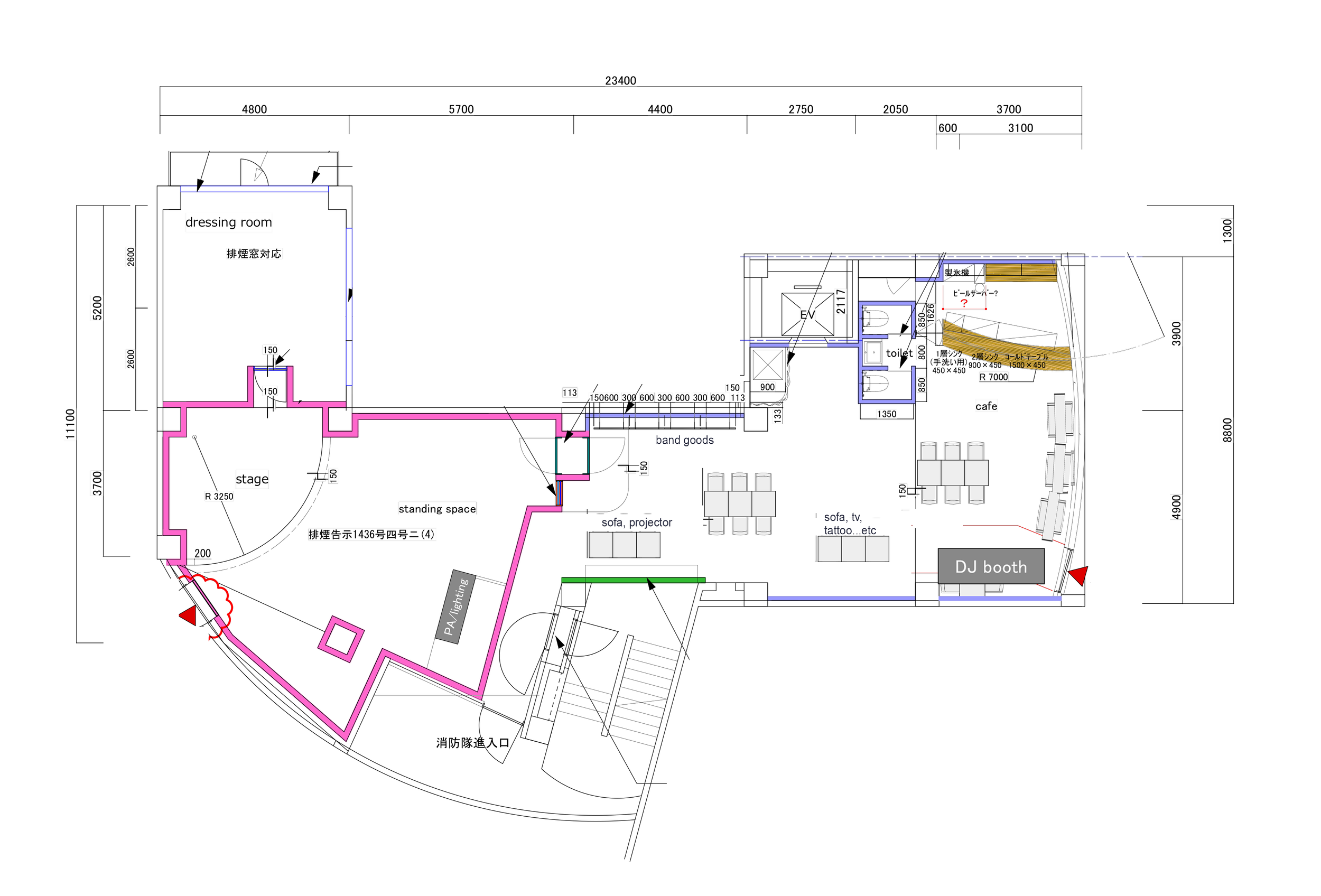 Floor plan of a club or event space with labeled areas including a stage, dressing room, standing space, band goods area, sofa, DJ booth, and cafe, with various measurement markings.