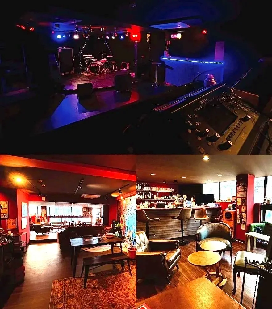 Split image of a dimly lit music stage with drums and amplifiers, and a cozy, well-lit lounge with chairs, tables, and a bar area in the background.
