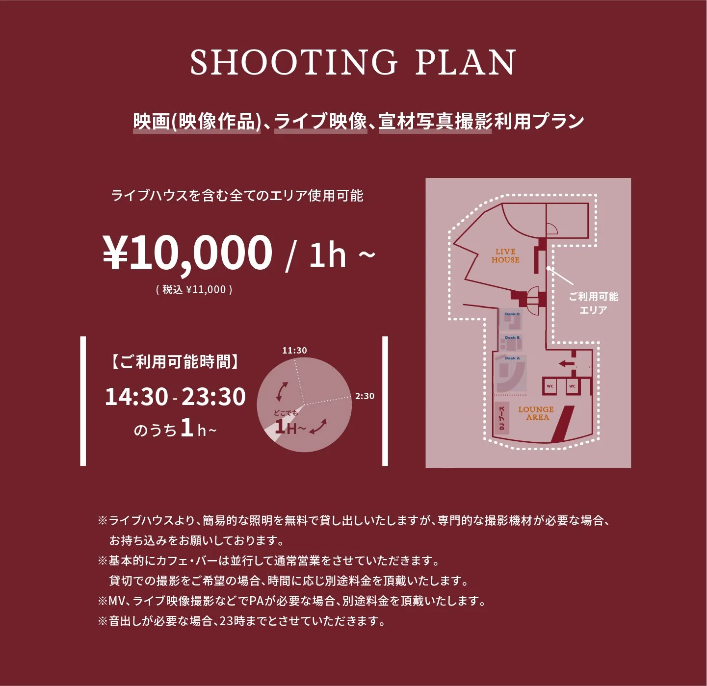 A shooting plan poster with pricing, schedule, and layout details in Japanese and English. The poster includes a map of the facility, pricing of ¥10,000 per hour, and operating hours from 14:30 to 23:30. The layout shows a lounge area, live house, and rentable areas.