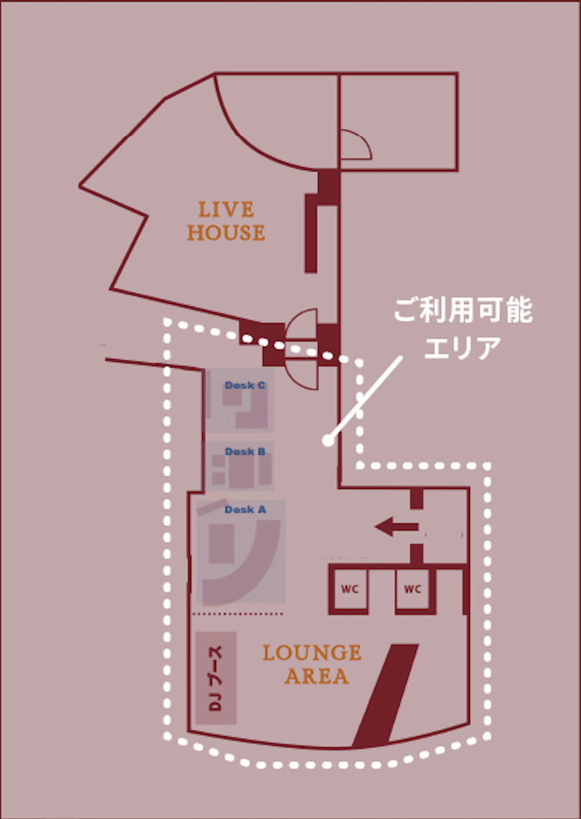 Floor plan layout showing a live house area, lounge area with DJ booth, three desks labeled A, B, and C, and two restrooms (WC). Indicated area marked for available use with Japanese text.
