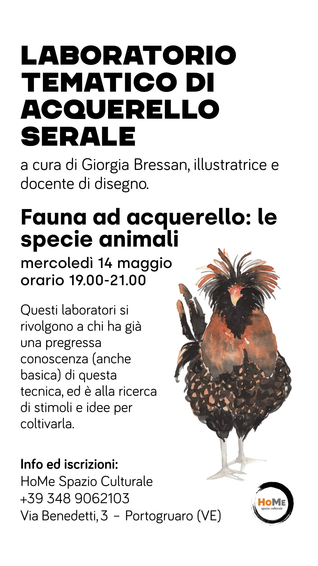 Flyer per un laboratorio di acquerello sulla fauna, con un'illustrazione di un uccello colorato