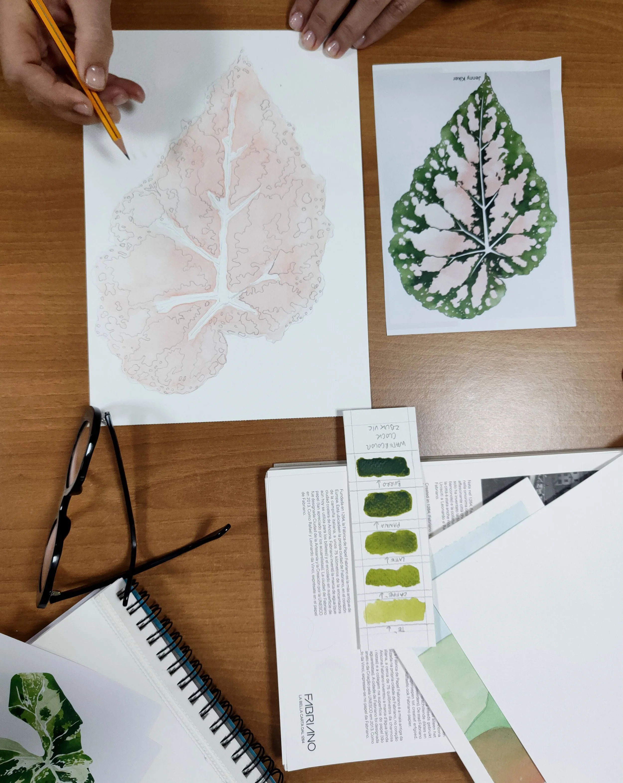 Corso di acquerello con focus sul foliage e le foglie particolari, variegate. Tecnica wet on dry. 