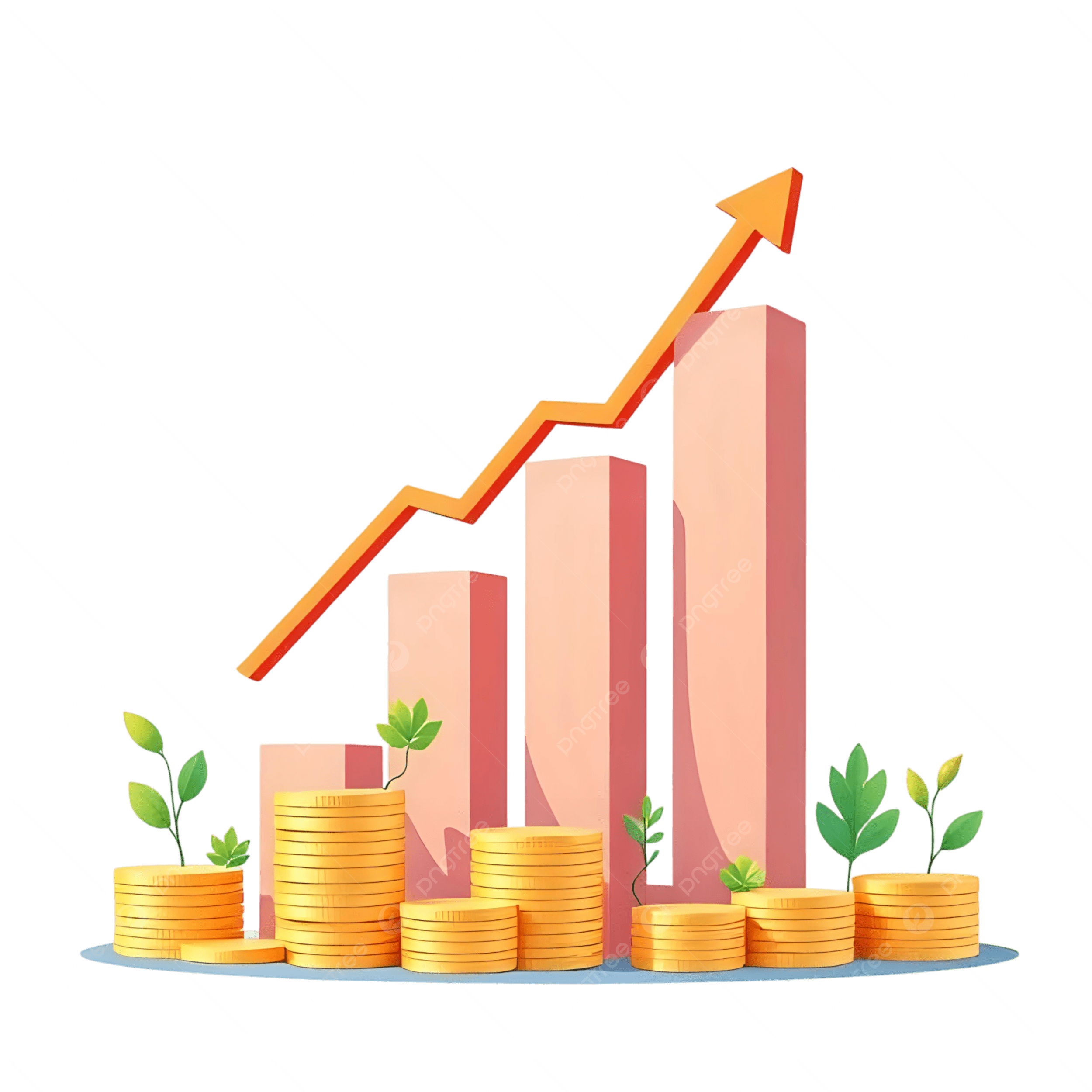 Graph with increasing bars, coins, and sprouting plants showing growth and financial success.