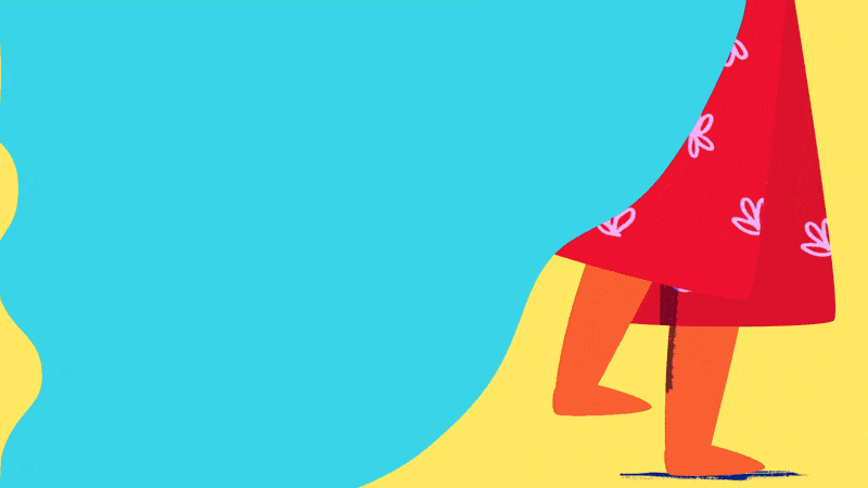 A person in a red dress with floral patterns, standing on one foot with the other foot slightly raised, on a yellow background.