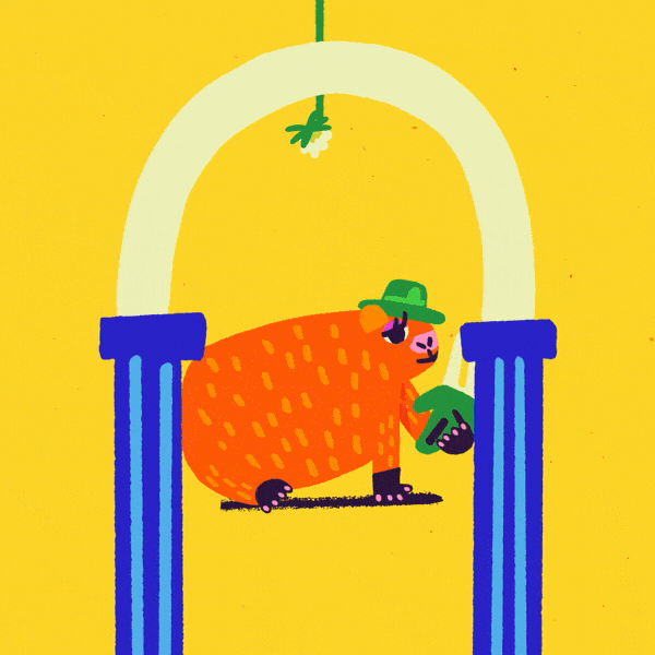 A drawing of a bear wearing a green hat and sunglasses, holding a camera, standing between two blue columns with a yellow background and an arch overhead with a hanging light fixture.