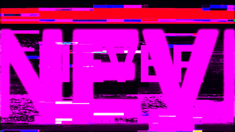 Digital glitch art with distorted pink letters and colored horizontal lines.