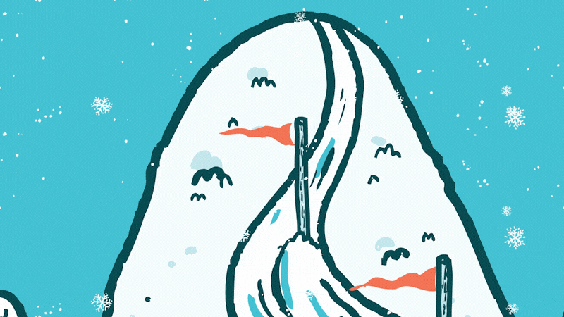 Illustration of a snowy mountain with ski tracks and a ski lift at the top, snowflakes falling in the sky.