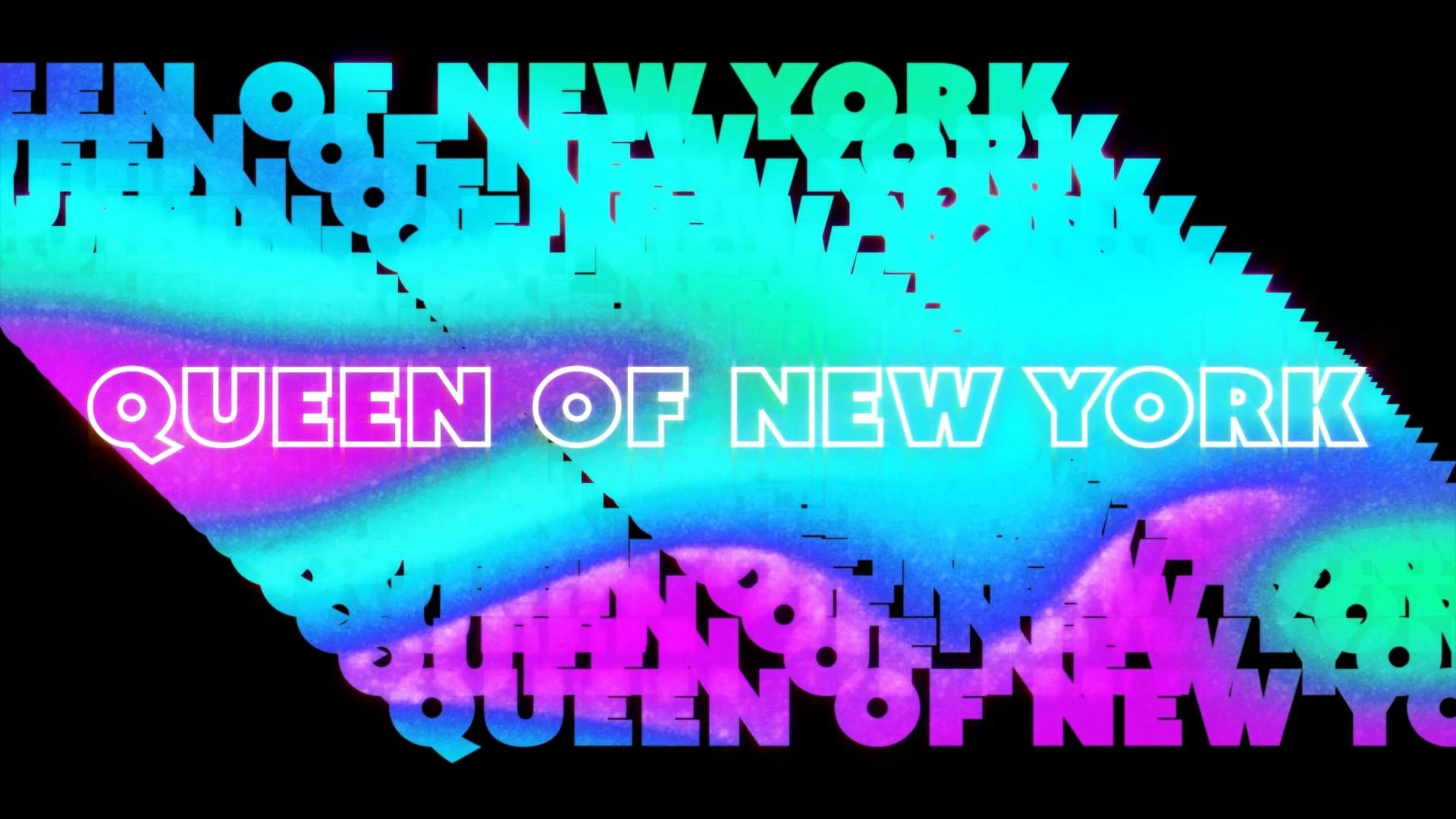 Colorful digital graphic with the text "Queen of New York" in neon style, overlaying a vibrant, abstract background with rainbow-like hues.