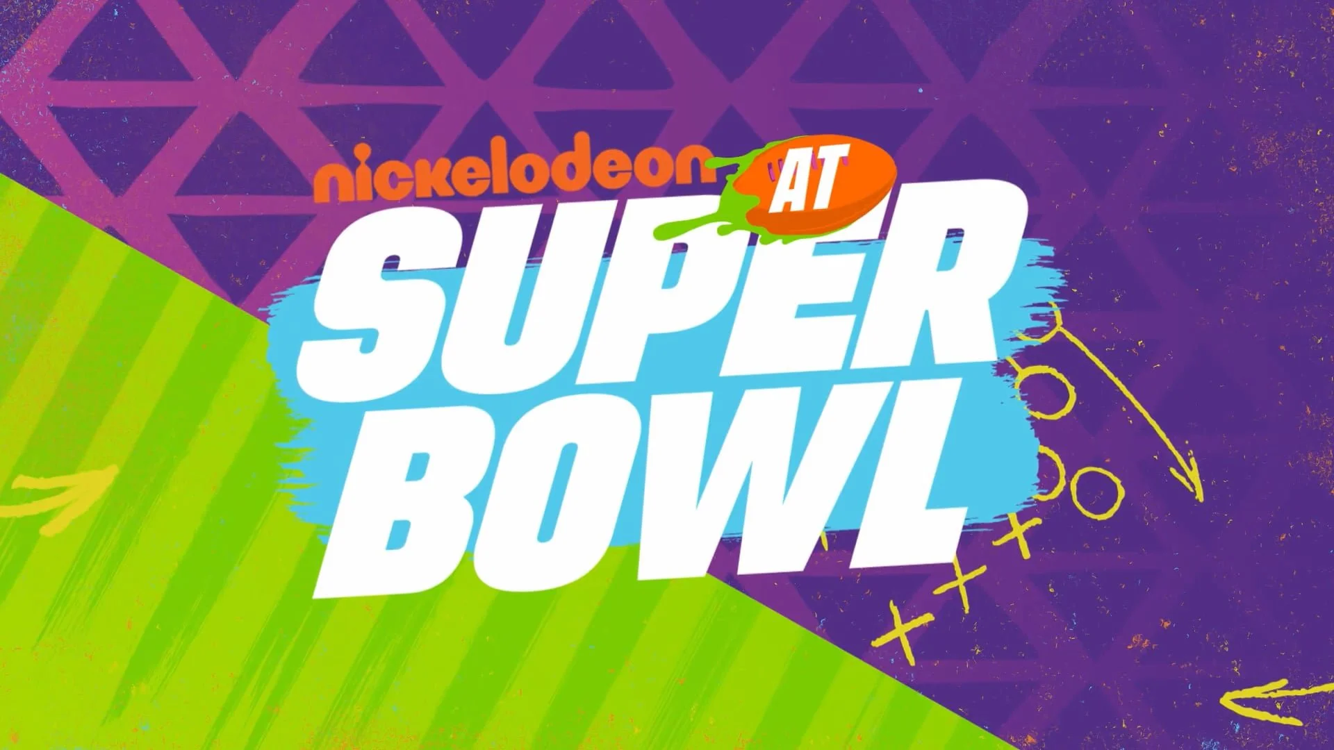 Colorful graphic promoting the Nickelodeon at Super Bowl event, featuring bold text and abstract sports-themed illustrations.