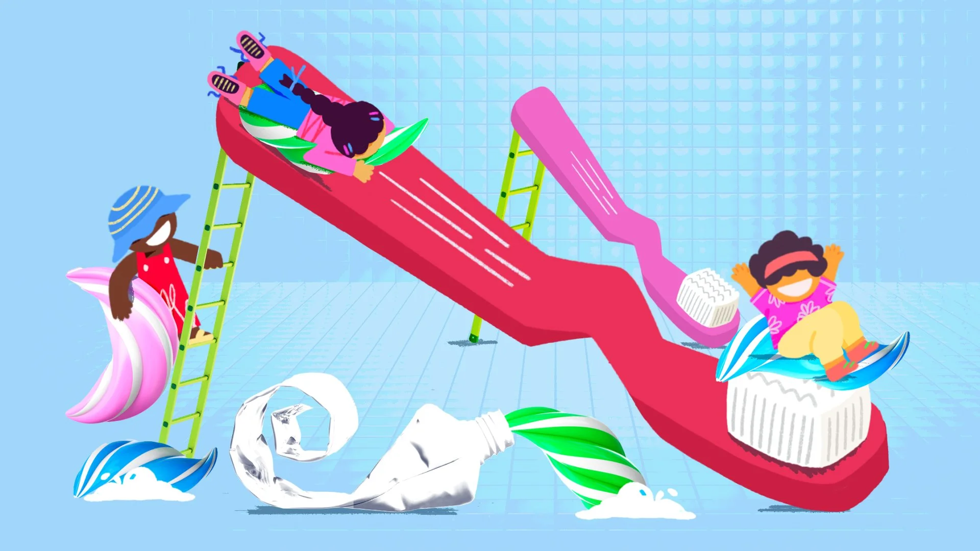 Children having fun on a playground slide that looks like a toothpaste tube, with the background resembling a tiled bathroom. They are dressed in colorful summer clothes, and some are wearing hats and sunglasses.