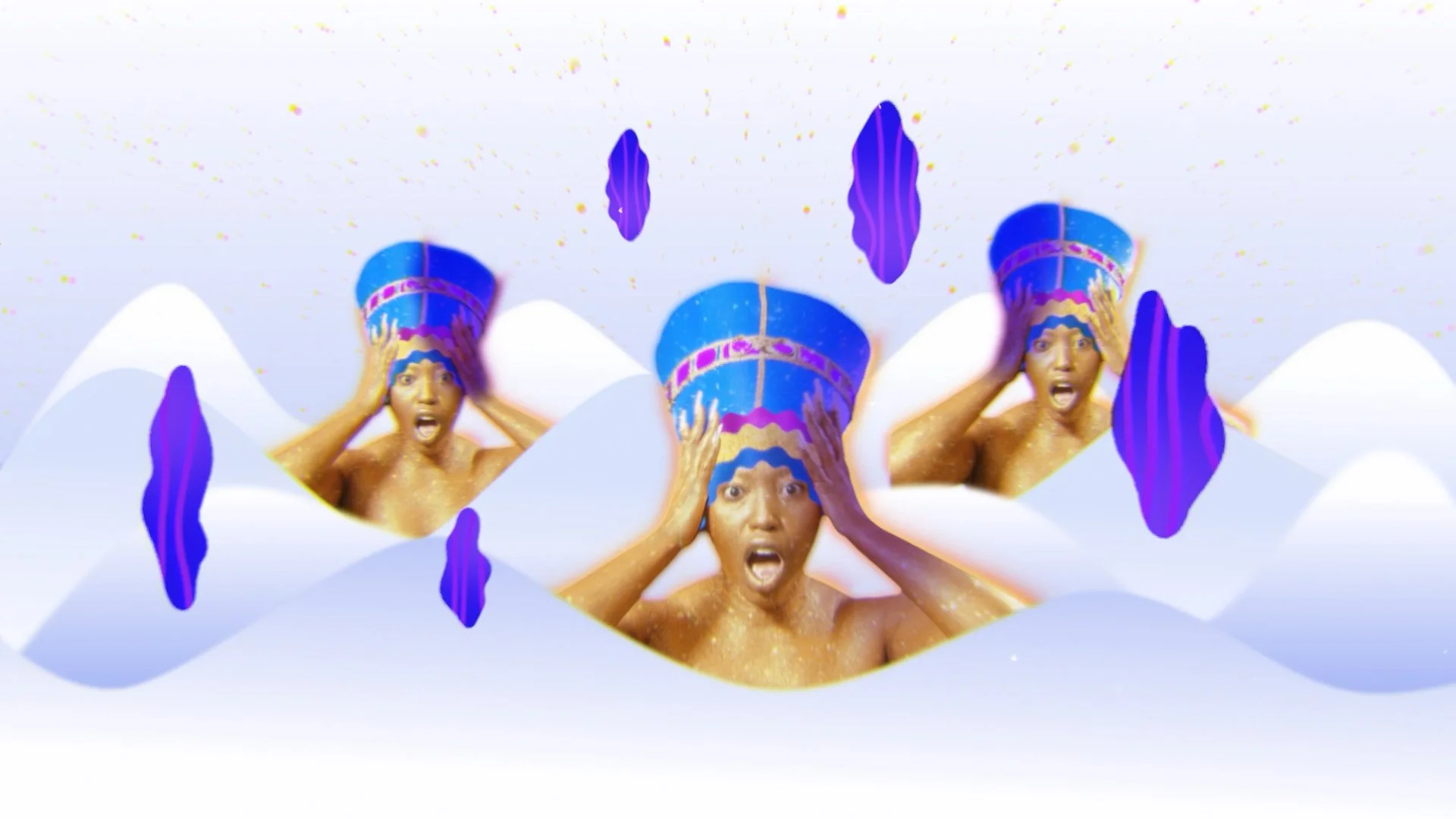 Three women with surprised expressions, holding colorful headgear, with white abstract mountains and floating purple shapes in the background.