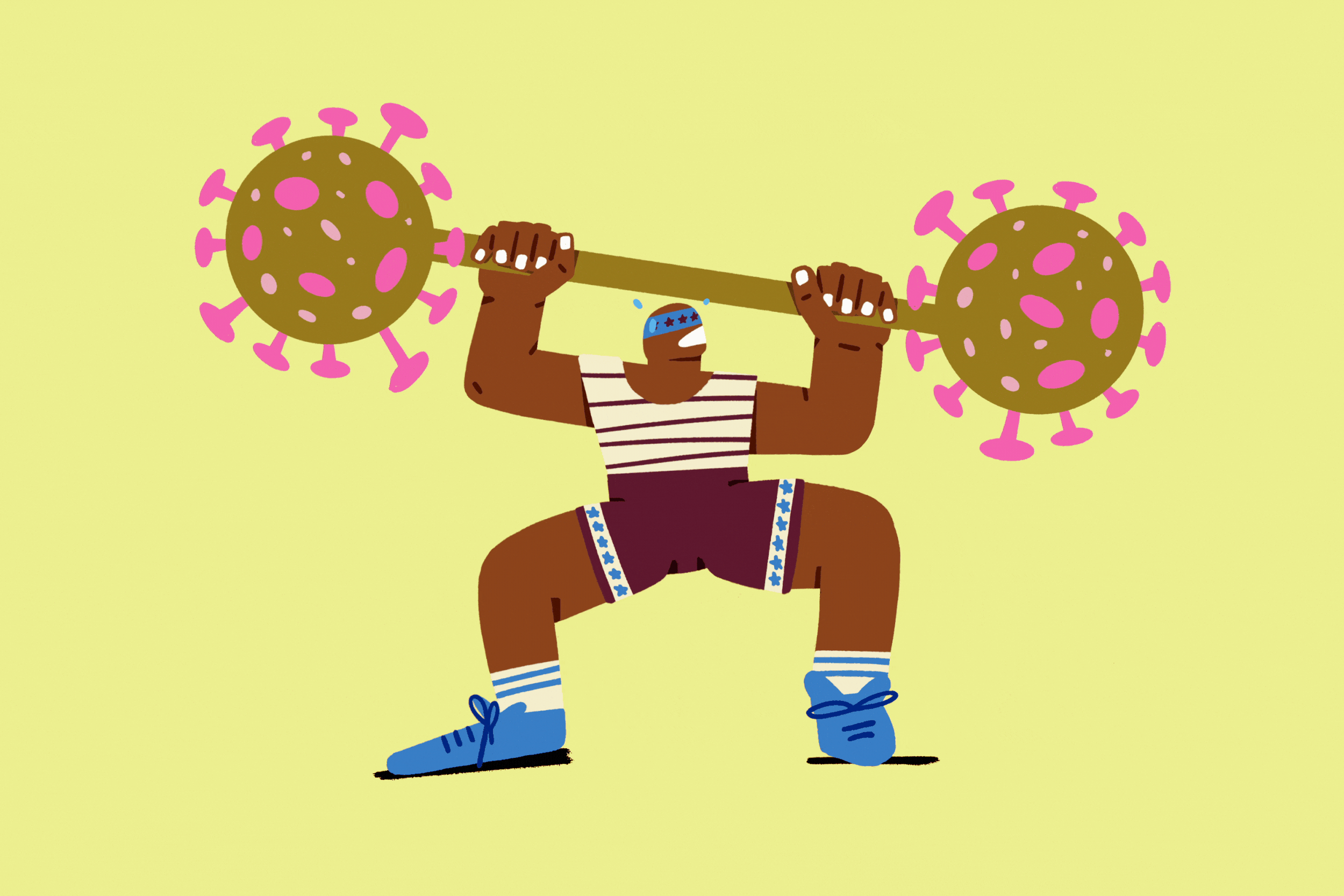 A cartoon man with a headband, striped shirt, shorts, and sneakers is lifting a barbell with two large, Beatles-shaped COVID-19 virus icons on each side.