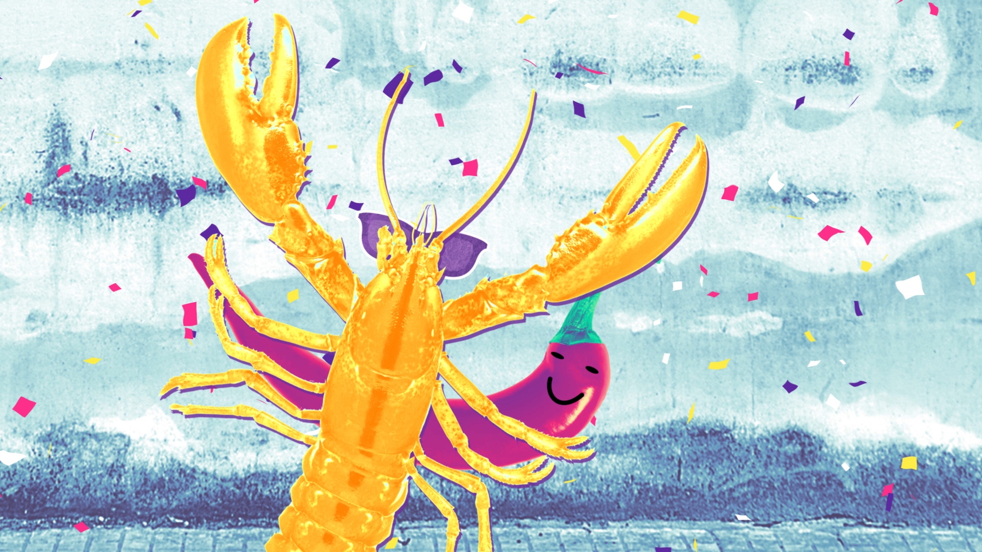 A cartoon-style drawing of a yellow lobster with a purple face and a happy expression, surrounded by colorful confetti against a textured blue background.