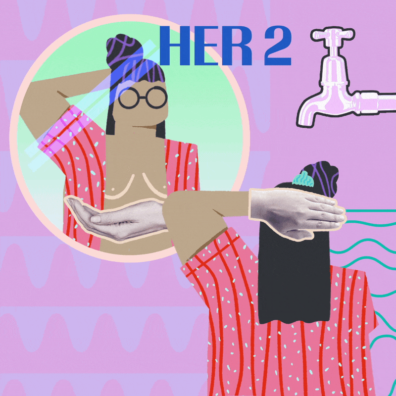 A cartoon woman with glasses and navy blue hair in a top knot, looking at her reflection in a mirror, adjusting her hair. She is dressed in a red and white striped robe with polka dots and is surrounded by illustrations of a faucet and water, suggesting a bathroom setting.