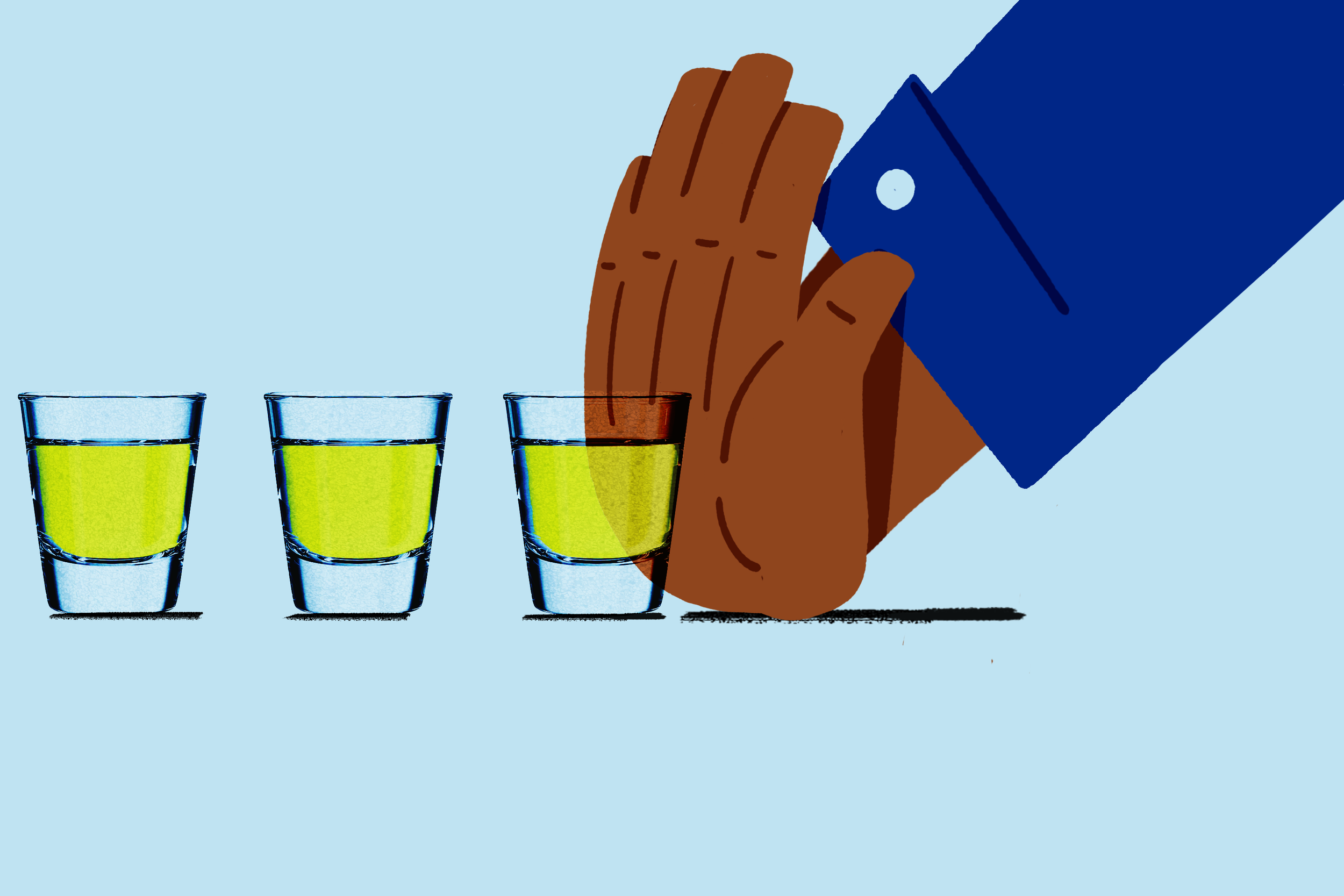 Illustration of a hand in a blue sleeve covering three shot glasses filled with yellow-green liquid.