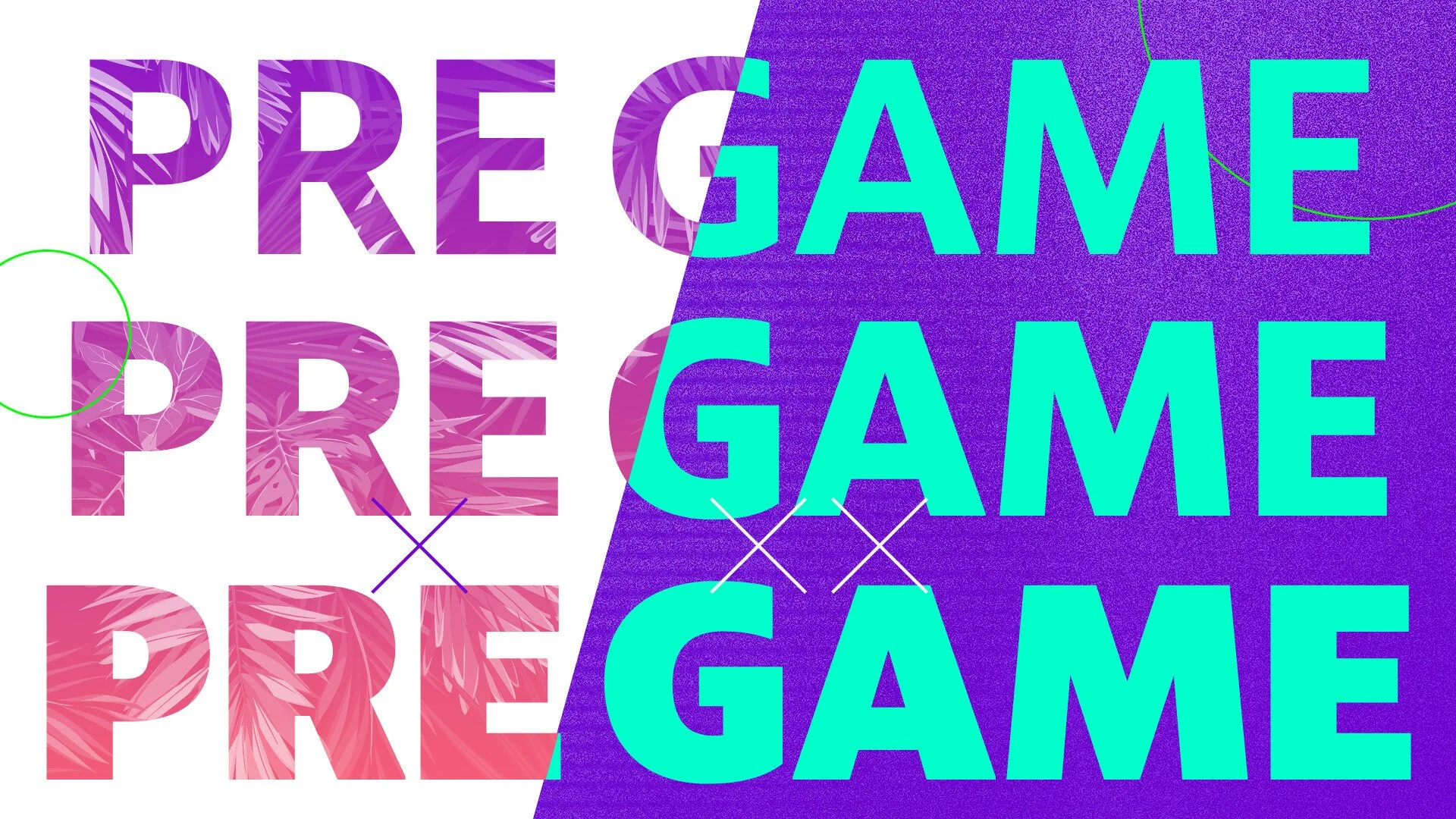 Text design with the words 'PRE GAME' repeated three times in colorful, tropical-themed fonts on a split background with white on the left and purple on the right.