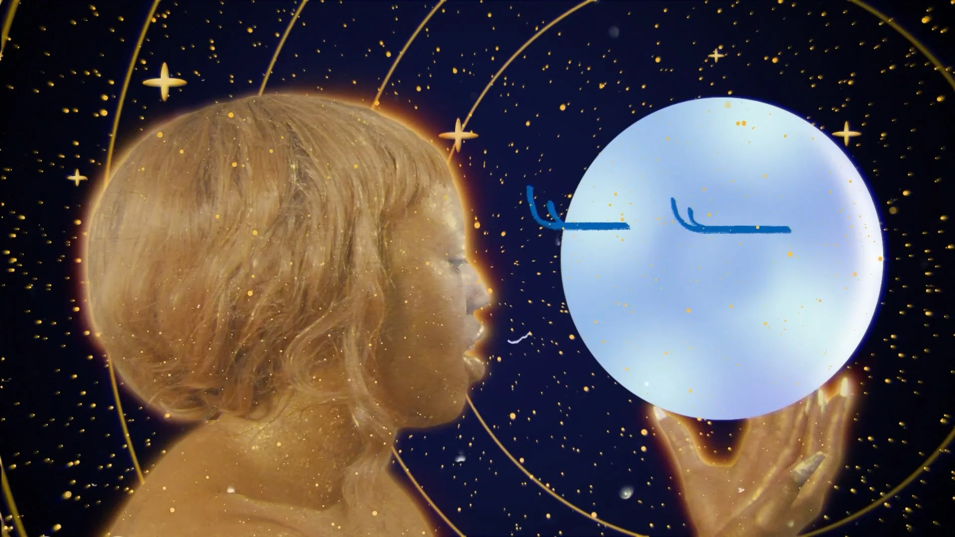 Gold-colored statue of a woman with short hair holding a glowing blue orb with a smiling face, surrounded by a starry, cosmic background.