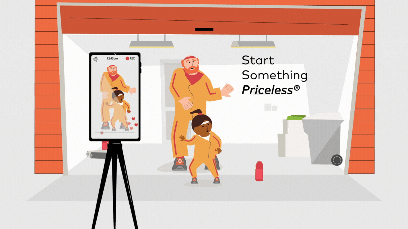 Illustration of a man and a child exercising in a garage. The man is standing and the child is dancing. A smartphone on a tripod is recording them, showing the same scene on its screen. There is a water bottle on the floor, and a trash bin to the right. The garage door has a sign that reads "Start Something Priceless".