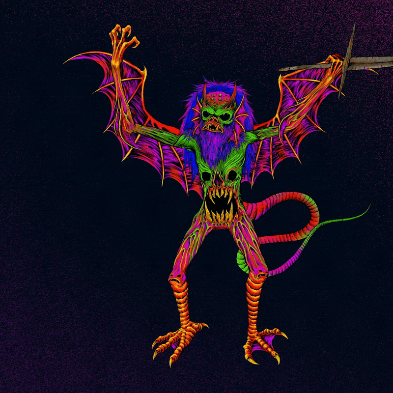Colorful demon-themed creature with bat-like wings, skull facial features, horns, a tail, and holding a sword against a dark background.