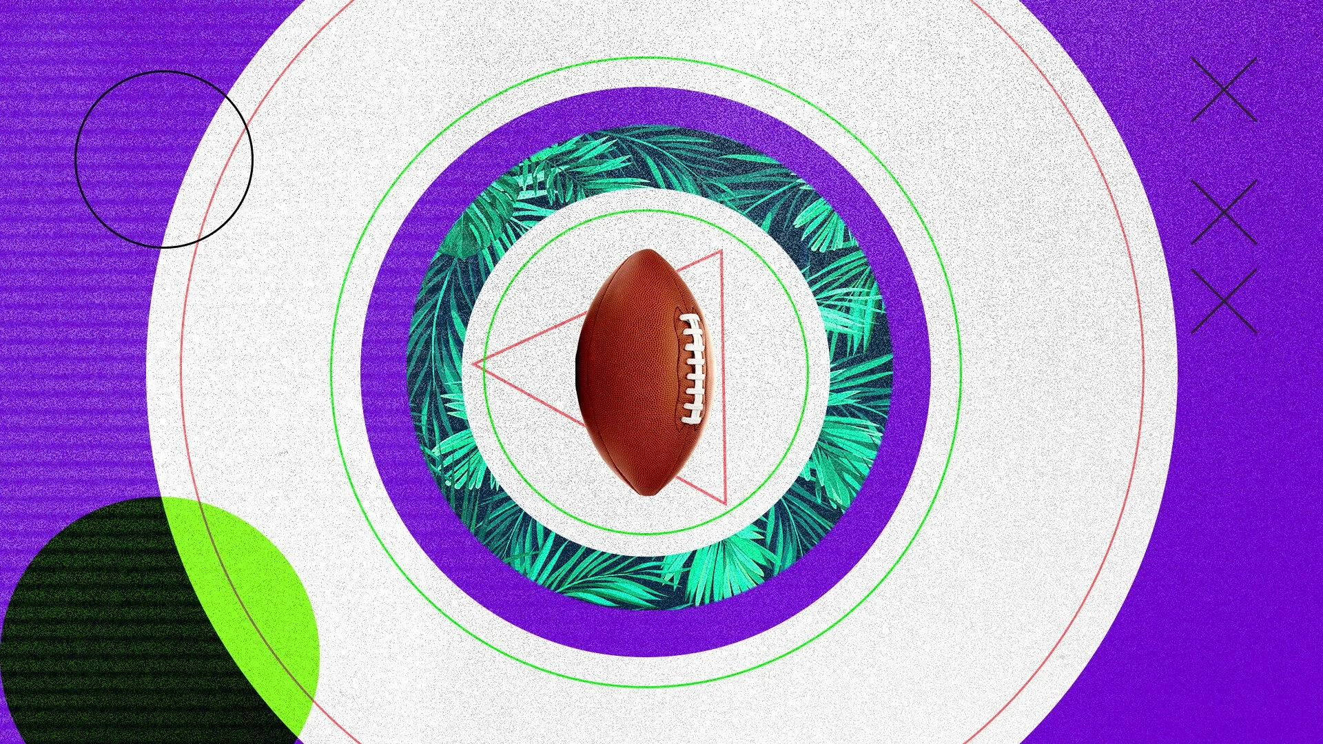 Digital abstract background with concentric circles, geometric lines, and leaf patterns, featuring a football at the center.