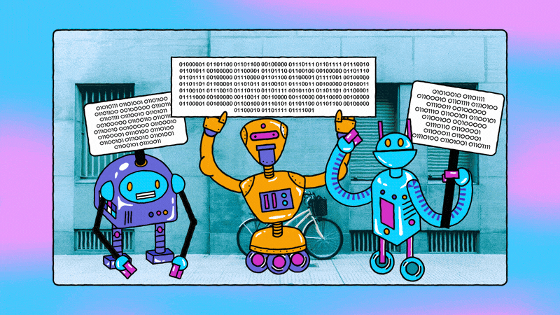 Three colorful robots holding signs and binary code, standing in front of a large computer mainframe with a bicycle behind them, against a colorful gradient background.