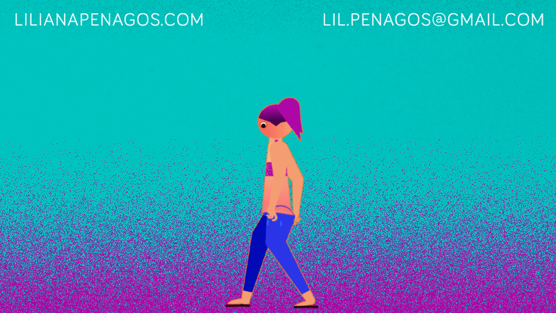 An animated woman with purple hair in a ponytail, wearing a purple top and blue pants, walking barefoot against a gradient background.