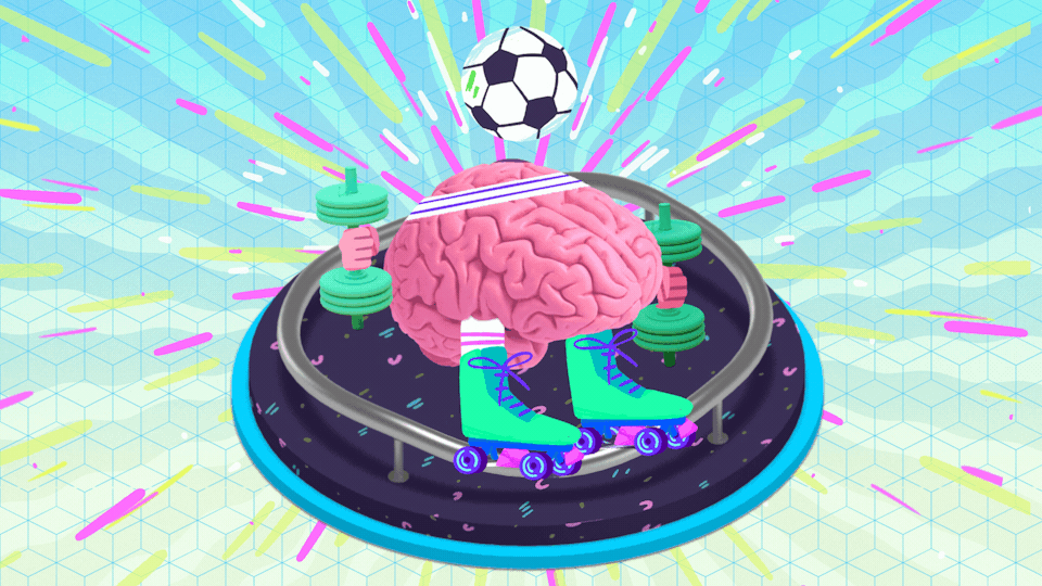 A surreal digital illustration featuring a pink human brain on roller skates, surrounded by weights, with a soccer ball above, set on a dark circular platform with colorful lines and a vibrant background.