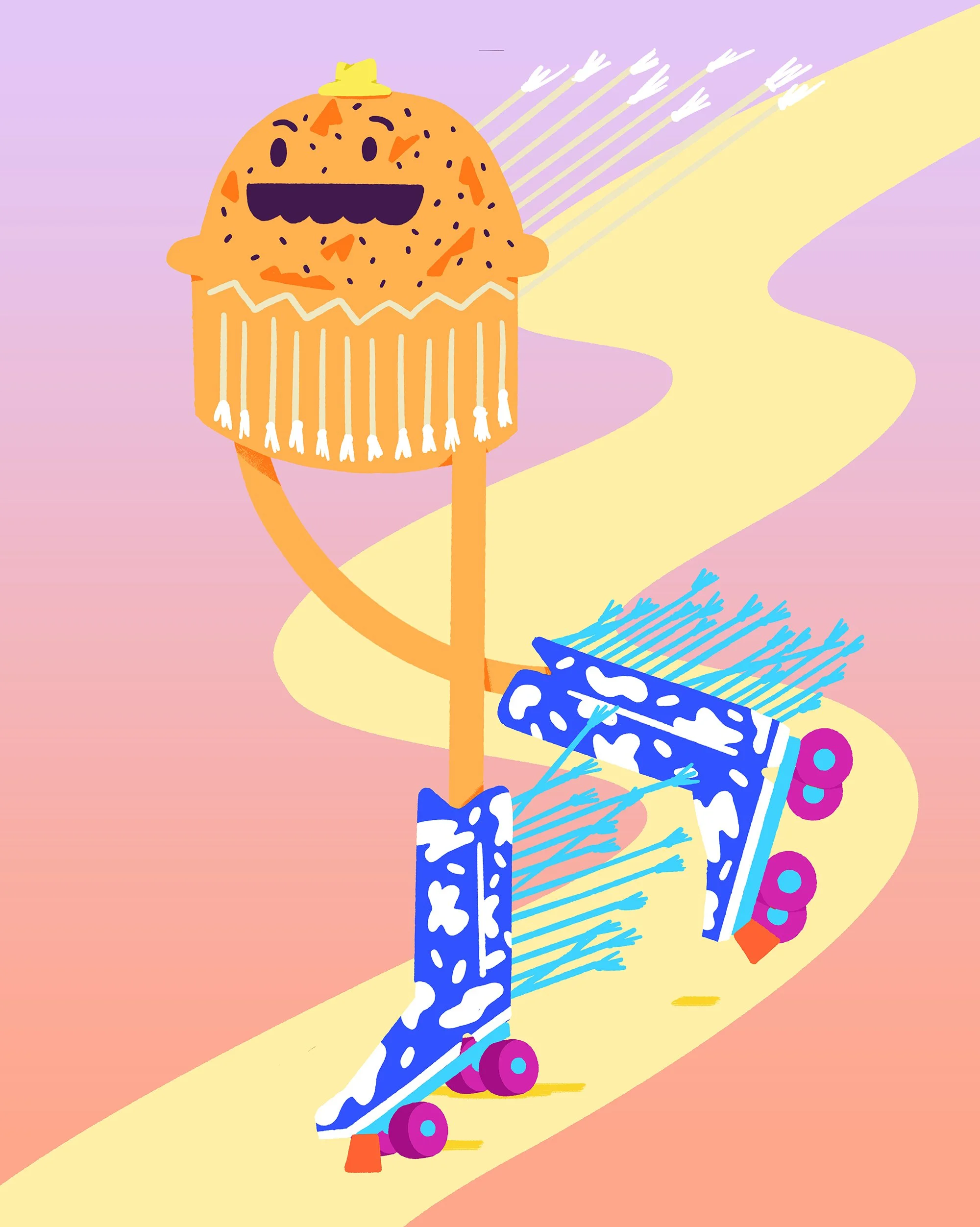 Illustration of a cupcake with a smiling face on a skateboard, wearing blue and white patterned roller skates, on a winding pink and yellow path in a colorful background.