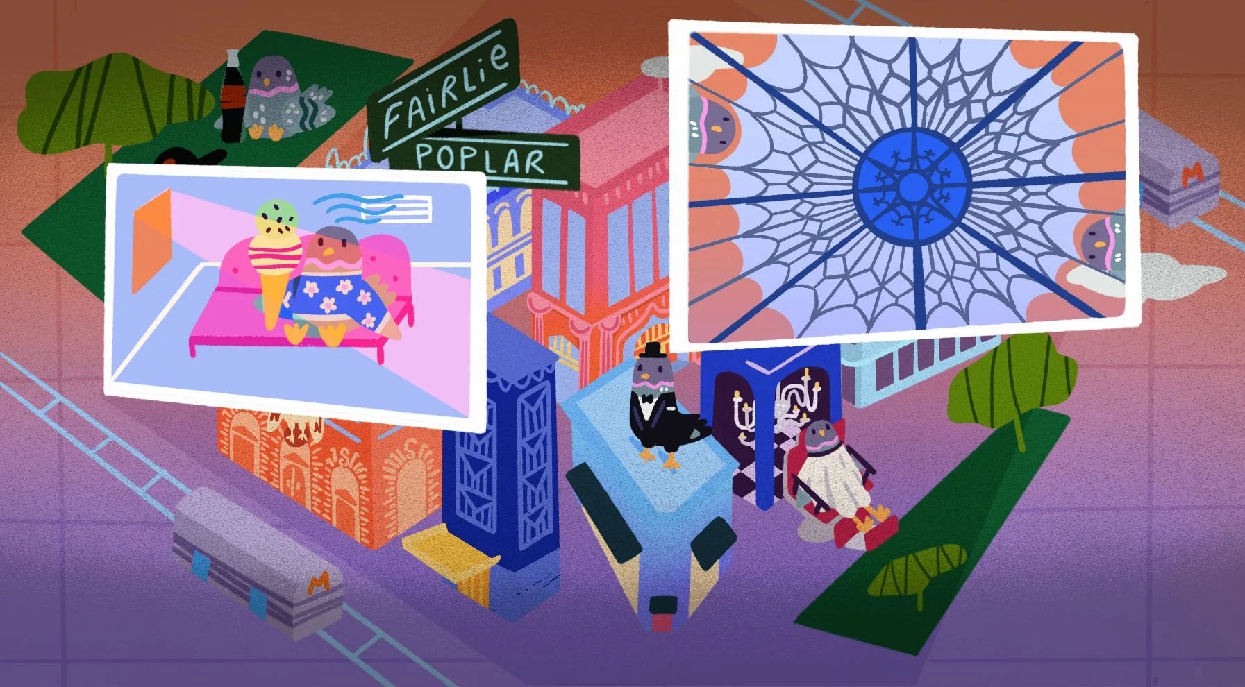 Colorful digital illustration of a miniature cityscape with various buildings, trees, and signs. Two framed photos are displayed; one shows a girl with ice cream, the other shows a detailed spider web. There are cartoonish animals and city elements scattered around.